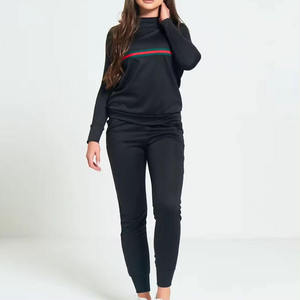 Women Tracksuit Set <b>Black</b> Long Sleeve Crew Neck Striped Design Side Pockets Casual Autumn Wear Spandex Polyester Material - Product Image 6