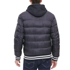 Men's Hooded Puffer Jacket Solid Color Polyester Windproof <b>Winter</b> Casual <b>Thick</b> Warm <b>Coat</b> with Button Closure and Striped Trim - Product Image 2