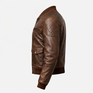 Blouson aviateur en cuir véritable marron pour homme avec épaules matelassées et fermeture éclair - Product Image 4