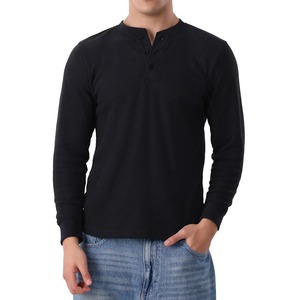 Latest Trendy Waffle Knit Full Sleeve Shirts Custom Logo Open V Neck Full Sleeve T Shirts For Men Blank Slim Fit Men's T Shirt - Product Image 3