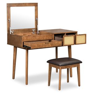 Set Toeletta Classico in Legno Marrone da 110 cm con Specchio a Ribalta, Sgabello, Luci LED, Tre Cassetti e Spazio di Archiviazione Rimovibile - Product Image 1