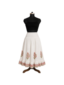 Women's Cotton A-Line Midi <b>Skirt</b> With Floral Embroidery <b>Elastic</b> Waist Ruffled Hem Prairie Chic Style Spring Wear - Product Image 1
