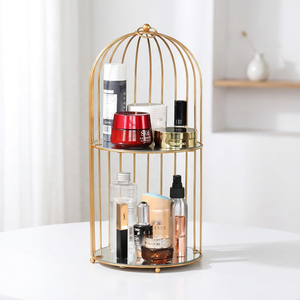 Organisateur de cosmétiques de luxe en métal doré à 2 niveaux en forme de cage pour la décoration intérieure - Product Image 1