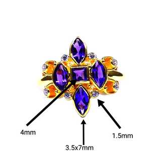 Bague élégante pour femme avec fleurs et pierres d'améthyste taille marquise, plaqué or 18 carats, sertie à griffes, bijoux de soirée - Product Image 2