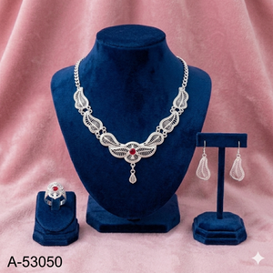 Rhodium Plated Alloy Zircon Flower Design Choker Necklace Set Link Chain Matching Earrings Ring Trendy Indian Wedding Party - Product Image 5