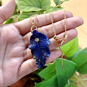 Lapis Lazuli Leaf Carved Clear CZ Bezel Setting Charm Necklace 18K Gold Plated <b>Cable</b> Chain Handmade Gemstone Pendant Jewelry - Product Image 3