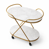 Chariot de bar moderne de luxe en acier inoxydable avec plateau en marbre blanc, chariot de service à deux niveaux sur roulettes, décoration d'hôtel, fabriqué en Inde