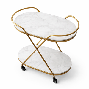 Carrito de bar de lujo con estructura de hierro dorado y superficie de mármol blanco, carrito de servicio de dos niveles con ruedas para decoración del hogar y hoteles - Product Image 2