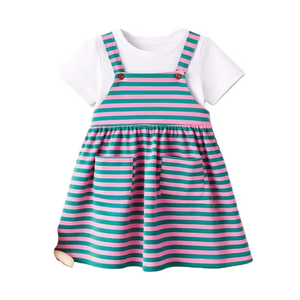 Girls' Set <b>White</b> T-<b>Shirt</b> Striped Suspender <b>Dress</b> with Buttoned Pockets Outdoor Casual Daily <b>Dress</b> Set for Girls made Bangladesh - Product Image 1