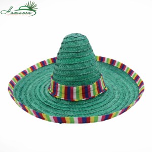 Sombrero de playa de paja verde estilo mexicano con llamativo ribete de tela multicolor modelo HA298 de Vietnam - Product Image 4