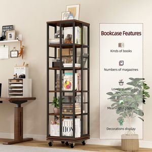 5 Tiers 360 Display Wood Rotating Bookshelf Corner Bookcase with Narrow <b>Rustic</b> <b>Shelf</b> Floor Standing Bookcase - Product Image 4