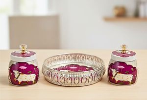 Plateaux et pots Pichwai en argent allemand, motifs Art Déco variés, pour décoration intérieure, cadeaux de mariage indien, cadeaux de Diwali, cadeaux de remerciement indiens - Product Image 3