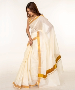 Sari Kelera de Algodón Puro, Sin Arrugas, de Secado Rápido, para Mujer, Tradicional, para Boda, Étnico Indio, Largo hasta el Suelo, con Borde Dorado, Regular - Product Image 4