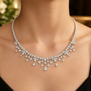 Women's 925 Sterling Silver <b>Statement</b> <b>Necklace</b> Pear and Round Brilliant Cut Moissanite Wedding Anniversary Party - Product Image 4