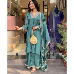 Top de fiesta de mujer de diseñador y conjunto Dupatta elegante Plazzo con hermosos adornos - Product Image 6