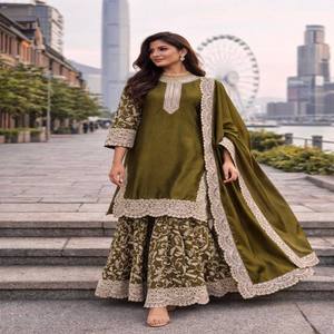 Conjunto VASTRA COTTAGE Fandy de Kurti de Seda, Plazo y Dupatta con Bordado de Lentejuelas, Top Cosido con Borde de Encaje Elegante, Ropa Étnica - Product Image 4