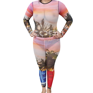 Body de Mujer con Estampado de Sublimación Personalizado, Sexy, Manga Larga, Spandex, Diseño de Palmeras Tropicales al Atardecer - Product Image 1