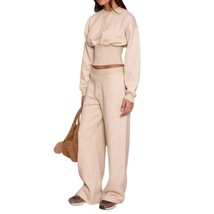 High Quality Beige Women's Professional Solid <b>Knitted</b> Sweatshirt & Wide Leg Pants <b>Set</b> Breathable Button Up Crop Top & Pants <b>Set</b> - Product Image 1