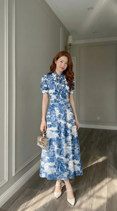 Vestido Maxi de Seda Azul Floral Elegante para Mujer, de Alta Calidad, con Manga Corta, Estampado Vintage, para Fiesta o Vacaciones - Product Image 3