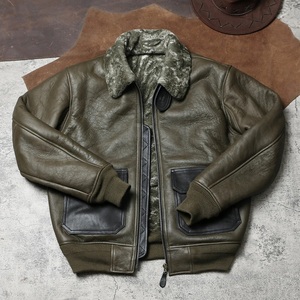 Veste en cuir véritable pour homme, en cuir de vachette pleine fleur brossé, style vintage années 1930, avec fausse fourrure à l'intérieur, veste en cuir d'hiver pour homme - Product Image 2