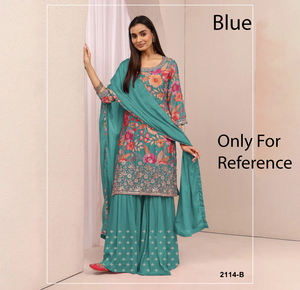 Conjunto de Salwar Kameez color verde azulado con bordado floral, tela de rayón, estilo tradicional indio pakistaní para mujer, completamente cosido 2114-B - Product Image 1