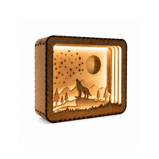 Premium Wooden Wolf LED Night Light Lamp | Laser Cut 3D Shadow Box Table Lamp for Bedroom Living Room Office Home Decoration