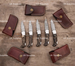 มีดพับเหล็กดามัสกัสคมตรง EDC ทำมือ ด้ามเขาแกะ OEM ขายดี ปรับแต่งได้ พร้อมซอง - Product Image 2