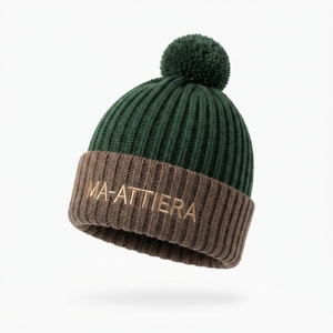Custom <b>Green</b> Brown Pom Pom Cuffed Knit <b>Beanie</b> Hat Winter Warm Skull Cap With Logo - Product Image 3