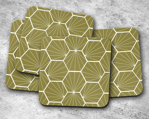 Modern Square Wooden Enamel Print <b>Coaster</b> with Geometric Pattern in Olive Green and White, Non-Slip Design for <b>Table</b> Decoration - Product Image 4