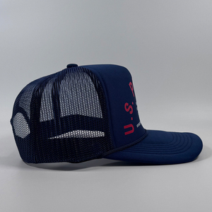 ODM Manufactured Custom logo Design Heat Transfer Printing 5 Panel for Unisex Wear Foam Mesh Silk Print <b>Navy</b> Blue Trucker Cap - Product Image 3