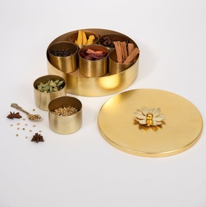 Shape Embossed Gold Brass Masala Box 6 <b>Storage</b> Cups Spice Organizer Dishwasher <b>Microwave</b> Safe Eco-Friendly Kitchen Herb - Product Image 3