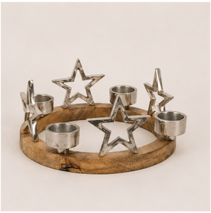 Handmade Natural Mango Wood Advent Wreath Candle Holder With Silver Metal Stars Round Christmas Table Centerpiece For Home Decor - Product Image 4