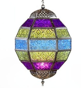 <b>Brass</b> <b>Lantern</b> With Blue Embossed Glass Panels Geometric Design Home Decoration Candle Holder - Product Image 3