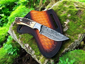Cuchillo de Caza de Acero de Damasco Hecho a Mano Personalizado OEM, Cuchillo EDC de Hoja Fija para Camping y Actividades al Aire Libre con Funda de Cuero, Regalo - Product Image 3