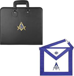 Étui pour tablier souple de maître maçon noir, brodé de la croix et du compas maçonniques + Tablier bleu Loge - Product Image 1