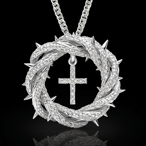 Collier Pendentif Croix Couronne d'Épines en Moissanite Plaqué Rhodium Unisexe Bijoux Hip Hop Spirituels pour Fête - Product Image 1