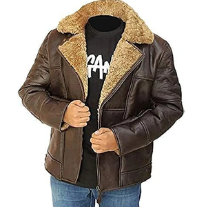Brown Genuine <b>Leather</b> Moto Jacket <b>With</b> <b>Fur</b> Trim Zipper Closure Winter Warm Casual Outerwear - Product Image 1