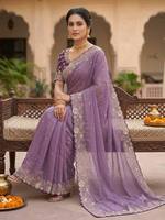 Sari en soie Georgette brodé de qualité supérieure pour femme avec bordure élégante en Zari, réversible, protection solaire, pour occasions de mariage