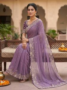 Sari en soie Georgette brodé de qualité supérieure pour femme avec bordure élégante en Zari, réversible, protection solaire, pour occasions de mariage - Product Image 1