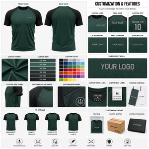 <b>Men's</b> Green <b>Black</b> Raglan Sleeve Performance T-<b>Shirt</b> Quick Dry <b>Slim</b> <b>Fit</b> O-Neck Sporty Design Front Logo Printing - Product Image 6