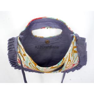 Handmade Kantha Embroidery Textile <b>Bag</b> With Ruffle Edge Magnetic Closure <b>Medium</b> Size Daily Use - Product Image 2