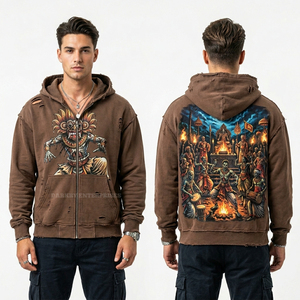 Sweat à capuche zippé marron délavé vintage avec motif squelette et feu, style streetwear vieilli, pour homme, en molleton épais, Fabricant - Product Image 1
