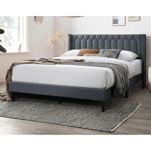 Letto matrimoniale moderno con testiera dal design unico a rombi, 1 pz, in tessuto di tela color antracite, letto imbottito accattivante - Product Image 1