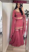 Setelan Kurta Sharara Palazzo Bordir Moti Warna Pink untuk Wanita dengan Dupatta, Pakaian Pesta Pernikahan Etnik India Pakistan