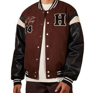 Classic Black <b>Leather</b> Winter Men's Vintage Varsity Letterman <b>Jacket</b> Stand Eco-Friendly Front Chocolate <b>Brown</b> White Buttons - Product Image 1