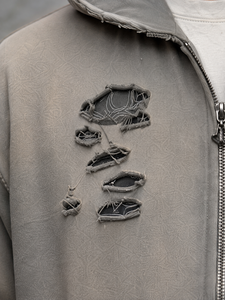 Sweat à capuche zippé pour homme, style streetwear, délavé soleil, effet usé, broderie, délavage acide, épais, avec strass, fabrication sur mesure - Product Image 6