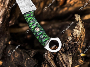 มีดแค้มปิ้งเหล็กดามัสกัสทรงดรอปพอยต์คมกริบ พร้อมปลอกหนังอเนกประสงค์ลายไม้แกะสลัก  OEM/ODM - Product Image 3