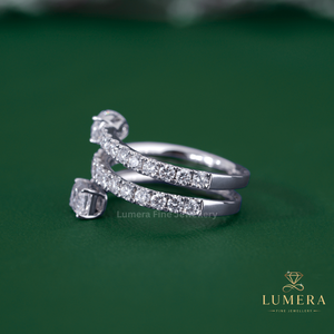 Luxury Oval And Emerald Cut Diamond <b>Ring</b>, Mixed Shape <b>Two</b> <b>Stone</b> Bypass Design With Curved Pave Swirl Shank Anniversary <b>Ring</b> - Product Image 6