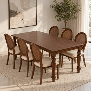 Ensemble de table à manger en bois massif avec chaises rembourrées à dossier canné, design traditionnel pour salle à manger, meubles durables - Product Image 1