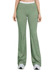 Conjunto Deportivo Personalizado para Mujer en Verde Salvia y Blanco con Contraste, Bra Deportivo y Pantalones Acampanados de Cintura Alta, Elásticos, para Yoga, Fitness y Gimnasio, Venta al Por Mayor OEM - Product Image 6